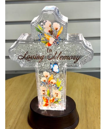 In Loving Memory Cross Water Glitter Lantern in Chicora, PA | Lily Dale Floral Design Studio