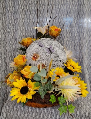 "In loving memory" plaque w Silk Sunflowers 