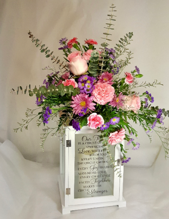 Inscribed Lantern Example Fresh Flowers Atop