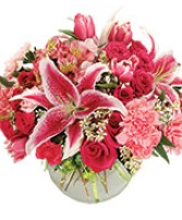 Isn't It Romantic in a RED vase RED bubble bowl arrangement