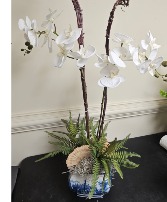 Italian village pottery with silk orchids Silk arrangement