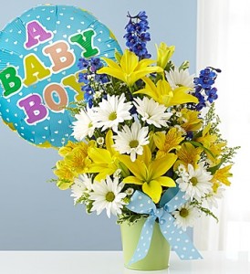 baby boy flowers and balloon