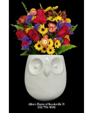 It's a Hoot  Fresh cut flowers in a ceramic container