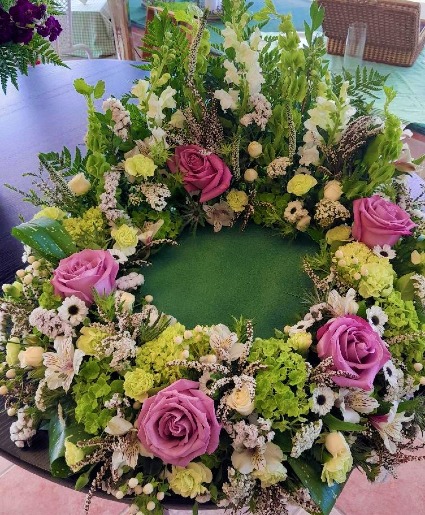 Ivory, Green & Lavender Lush Wreath Urn Wreath