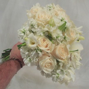 IVORY ROSES, STOCK, FREESIA, LILIES WEDDING BOUQUET