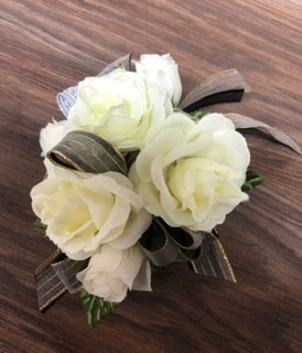 Ivory roses with black and gold ribbon Artificial Wrist coursage