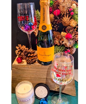 JACK FROST KNOCKING AT YOUR DOOR With Champagne, 2 glasses and scented candle