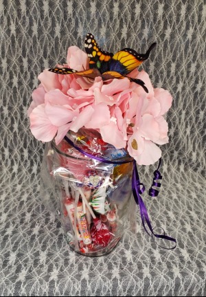 Jar of Candy w/ Silk Flowers & Butterfly 