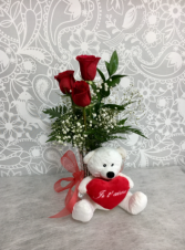 Je t’aime  3 Red roses with Teddy Bear 