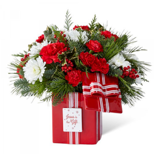JESUS IS THE CHRISTMAS GIFT RED AND WHITE FLOWERS