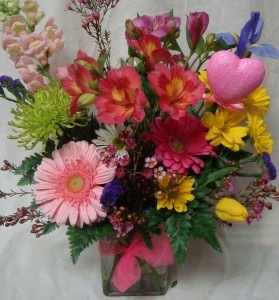 "FROM THE HEART" Bright Mixed flowers arranged in  vase with heart pic..