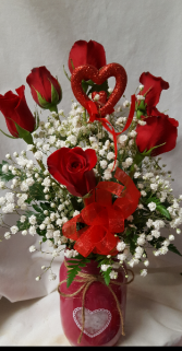 "Be Sweet Bouquet"A heart MASON  Jar filled with 6 Red Roses, baby's breath, and heart pic! (Mason Jars may vary in color)!