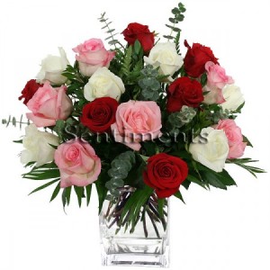 Happy 21st! 21 Roses of red, pink and white all arranged in a vase with baby's breath.