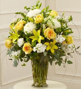 BRIGHT SUNSHINE SYMPATHY ARRANGEMENT Mixed shades of seasonal yellows and whites in a vase