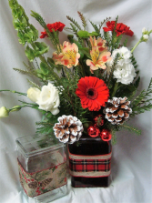 HOLIDAY CHEER ARRANGEMENT IN CUTE RIBBON DETAIL RECTANGULAR VASE...RED AND WHITE AND GREEN COLORS!