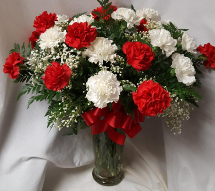 2 dozen RED AND WHITE AND PINK   carnations. Shows red and white but we can add pink too.