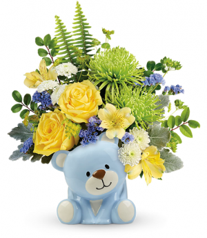 Joyful Blue Bear  All-Around Floral Arrangement( Container Sold Out)