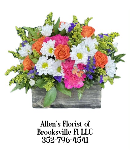 Joyful Box Arrangement Fresh cut flowers in a lined wooden box