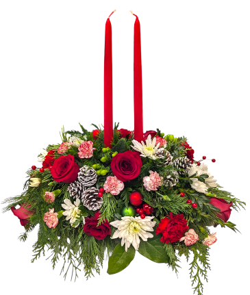 Joyful Christmas centerpiece in Fitchburg, MA | CAULEY'S FLORIST & GARDEN CENTER