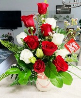 Just For You Red and White Roses, Mix Greens with Keepsake Vase