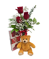 Just for You Set 3 Roses in a bud vase, Med Chocolate & Bear