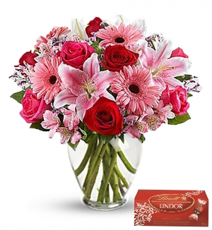Just For You  Vase Arrangement and Chocolates There Maybe Some Color Change in Some Flowers