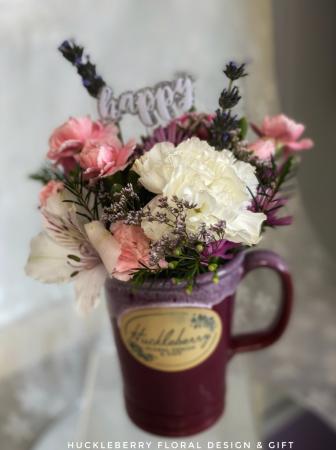 Cranberry Huckleberry mug with fresh cut flowers  Keepsake Huckleberry Mug 