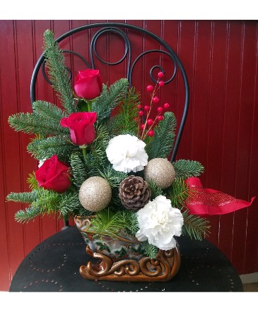 Kim's Centerpiece Sleigh 8" Ceramic Sleigh Keep Safe in Ventura, CA | Mom And Pop Flower Shop