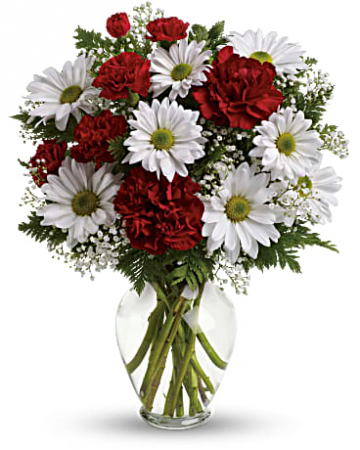 Kindest Heart Boquet White  daisy  red carnations mini red elegance