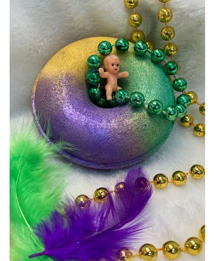 King Cake Bath Bombs with Hidden Baby  TO ORDER SINGLE BOMBS FOR DELIVERY, ORDER THROUGH ADD-ON MENU. MUST HAVE A $50.00 MINIMUM ORDER FOR DELIVERY