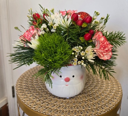 Kris Kringle Novelty Santa Container with Fresh Flowers & Greens