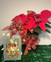 Lantern with Baby Jesus and Barn & Poinsettia Christmas Arrangement