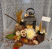 Lantern w/ Candle & Silk Flowers in woodsy look 