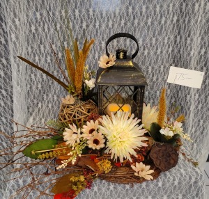 Lantern w/ Candle & Silk Flowers in woodsy look 