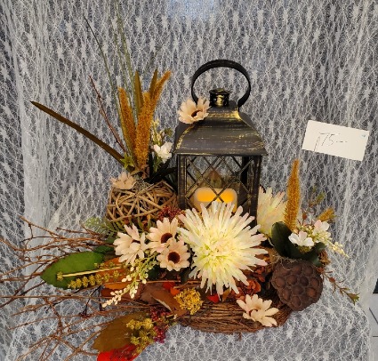 Lantern w/ Candle & Silk Flowers in woodsy look