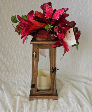 Lantern w/ Red Silk Flowers and Butterfly 