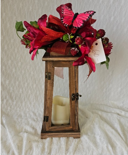 Lantern w/ Red Silk Flowers and Butterfly 