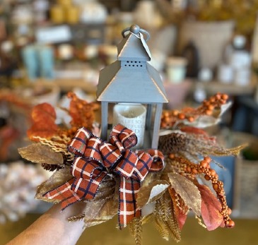 Lantern with Fall Wreath  in Delphos, OH | Ivy Hutch Flowers and Gifts