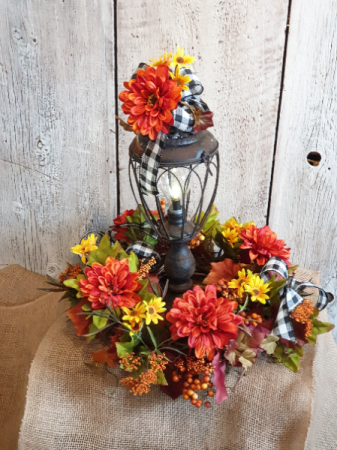Lantern with fall wreath permanent floral