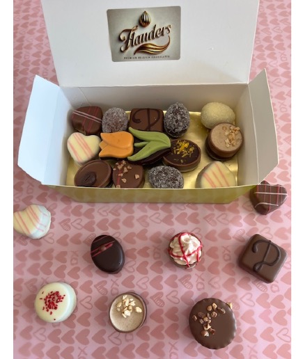Large assortment of Flanders Belgian chocolates Ballotin box of 25 different flavors