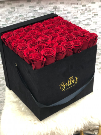 LARGE BLACK SUADE BOX- 49 ROSES THAT LAST UP TO A YEAR