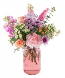 Mason Jar-  a mix of blooming flowers From Sunflowers Florist
