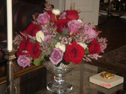 Roses and Ranunculus customer provided container