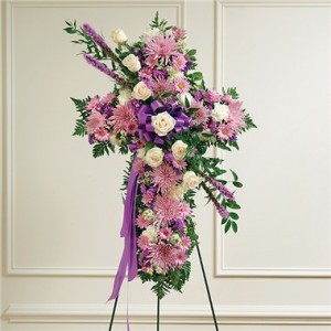 Lavender and White Mixed Standing Cross in Dearborn, MI | LAMA'S FLORIST Lavender and White Mixed Standing Cross in Dearborn, MI | LAMA'S FLORIST