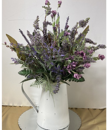 Lavender Blooms in rustic white Pitcher Permanent botanical