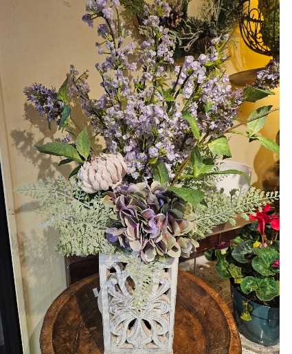 Lavender lilacs, hydrangea and fern Silk arrangement 