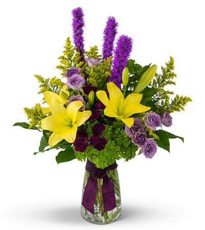 Lavender, Purple And Yellow Class Flower Arrangement