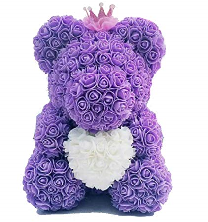 Lavender Rose Bear Hugging White heart Display Box Included