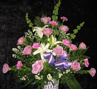 Lavender Roses/White lilies Sympathy Basket