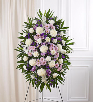 Lavender & White Sympathy Standing Spray Spray on easel